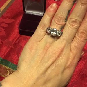 CZ oval Three stone ring accented with sapphires